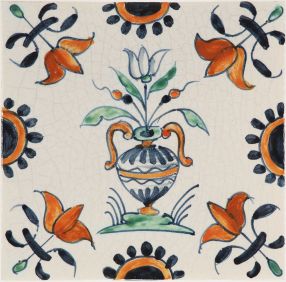 Hand-painted Delft tile sample with flower vase in polychrome, decorated with fleur-de-lis corner motifs, enhanced with pinholes and a crackled finish