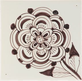 Hand-painted Delft tile sample with roses on a stem painted in manganese, enhanced with pinholes