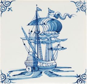 Hand-painted Delft tile sample with ships, decorated with ox-head corner motifs and painted in blue. P-47 enhanced with pinholes