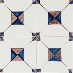 Hand-painted Delft tiles with Crystal stone II, painted in blue and manganese in a mottled texture. 