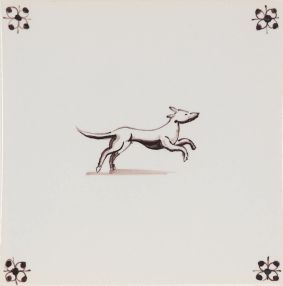 Hand-painted Delft tile sample with animals painted in blue, decorated with spider corner motifs