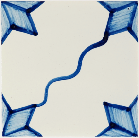 Hand-painted Delft tile sample with snake stars painted in blue, enhanced with pinholes