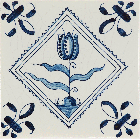 Hand-painted Delft tiles sample with classic Dutch tulips in blue, enhanced with pinholes and a crackled finish