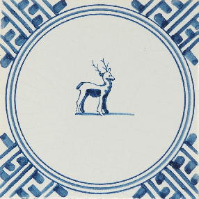 Hand-painted Delft tile sample with animals, decorated with wanli corner motif painted in blue, enhanced with pinholes