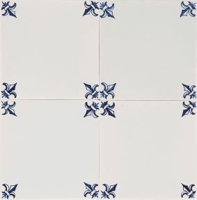 Decorative hand-painted Delft tiles with fleur-de-lis corner motifs in blue