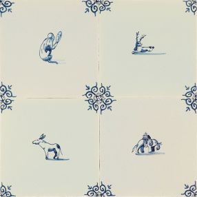 Hand-painted Delft tiles with animals in blue - Field 1-16
