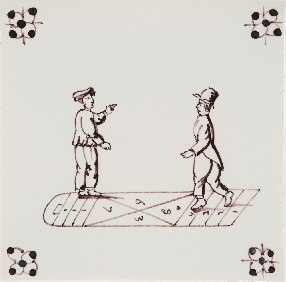 Hand-painted Delft tile sample with child's play scenes painted in manganese, enhanced with pinholes