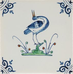 Hand-painted Delft tile sample with Birds and flowers, decorated with ox-head corner motifs and enhanced with pinholes