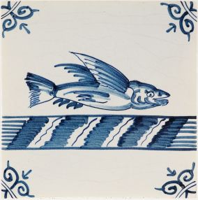 Hand-painted Delft tile sample with Sea life, painted in blue, enhanced with pinholes and a crackled finish