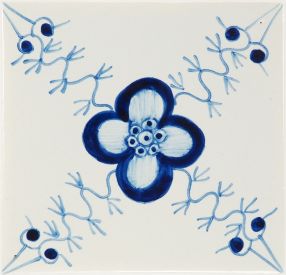Hand-painted Delft tile sample with Rose garlands, painted in Blue, enhanced with pinholes, P-21