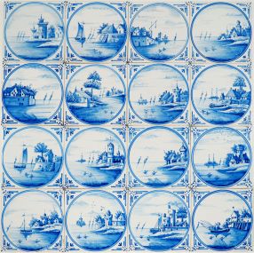 Delft landscape tiles with stylized ox-head corner motif, late 19th to early 20th century, hand-painted in blue