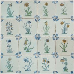 Set of 20 original 17th-century Delft tiles with polychrome flowers and ox-head corners, Rotterdam circa 1640
