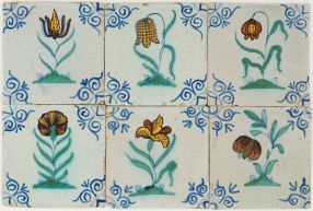 Set of six antique 17th-century Delft wall tiles with flowers, 17th century