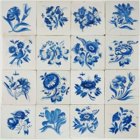 Antique Delft wall tiles with large Frisian flowers in blue without corner motifs, 19th century