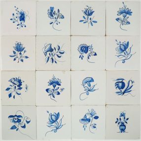 Antique Delft wall tiles with small Frisian flowers in cobalt blue, 19th century