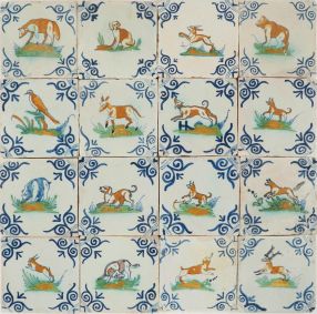 Set of 16 antique Delft wall tiles depicting polychrome animals with large blue ox-head corner motifs, Dutch, 17th century