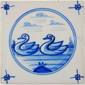 Antique Delft tile with two swans, 19th century