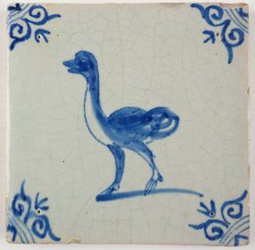 Antique Delft tile with an ostrich, 17th century