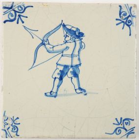 Antique Delft tile with a man firing a bow and arrow, 17th century
