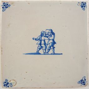 Antique Delft tile with two men fighting, 17th century