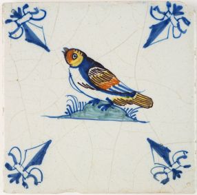 Antique Delft polychrome tile with a Swallow bird, 17th century