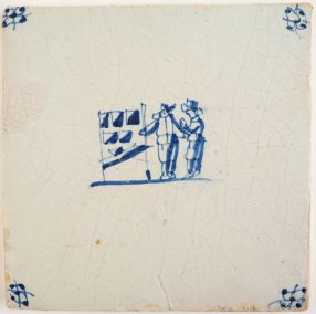 Antique Delft tile with a print shop, 17th century