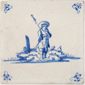 Antique Delft tile with a shepherd, 17th century