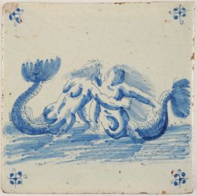 Antique Delft tile with a mermaid and merman, 17th century