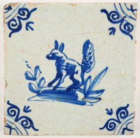 Antique Delft tile with a fox in blue, 17th century