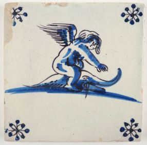 Antique Delft tile with Cupid riding on a dolphin, 17th century
