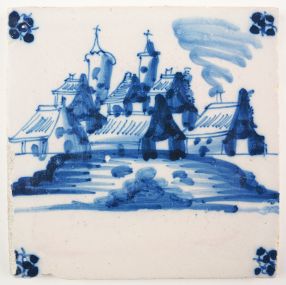 Antique Delft tile with a village and a castle, 18th century