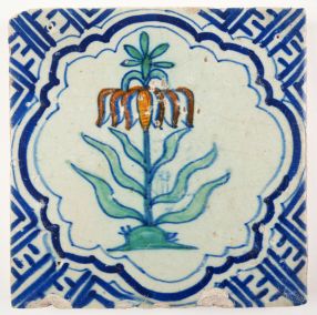 Antique Delft tile with a polychrome crown imperial flower, 17th century
