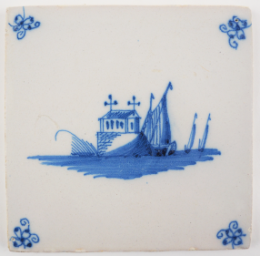 Antique Delft tile with a monastery, 18th century