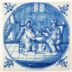 Antique Delft tile depicting Jesus meeting with Nicodemus at night, 18th century