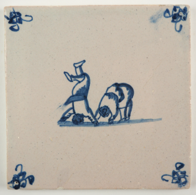 Antique Delft tile with two children doing handstands, 18th century