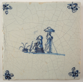 Antique Delft tile with two Chinese figures, 17th century