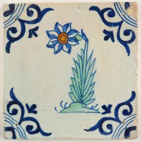 Antique polychrome Delft tile with a Narcissus flower, 17th century