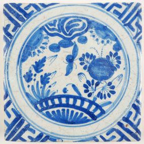Antique Delft wall tile with a Chinese Garden, 17th century