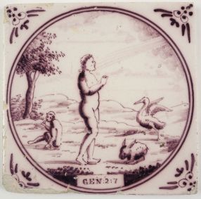 Antique Delft tile with the creation of men, 19th century