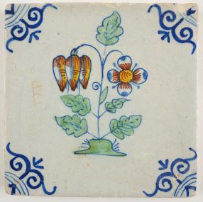 Antique Delft tile with two colorful flowers, 17th century