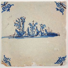 Antique Delft tile with a camp, 17th century