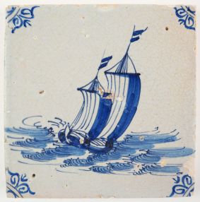 Antique Delft tile with a cargo boat on a rough sea, 17th century