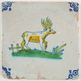 Antique Delft tile with a polychrome stag, 17th century