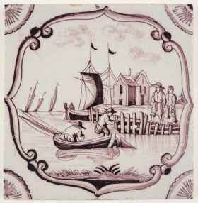 Antique Delft tile with a harbor scene, 18th century