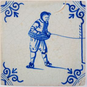 Antique Delft tile with a rope-maker, 17th century