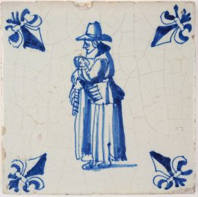 Antique Delft tile with mother and child, 17th century