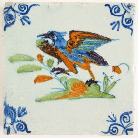 Antique Delft tile with a Northern Lapwing, 17th century