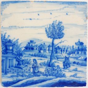 Antique Delft tile with a city scene, 19th century