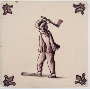 Antique Delft tile with a lumberjack, 20th century