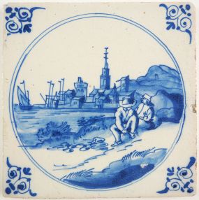 Antique Delft tile with a coastal scene, 17th century